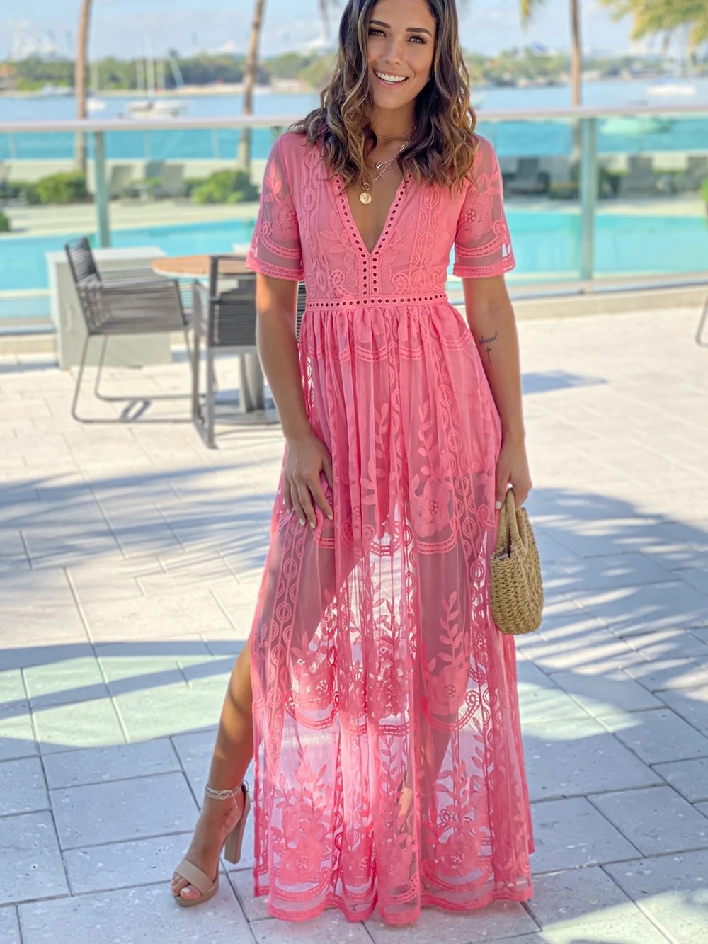 Dress Day Coral Lace Maxi Romper with Sleeves and Slits Size Small